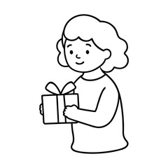 Girl With Gift Box Line Art Illustration