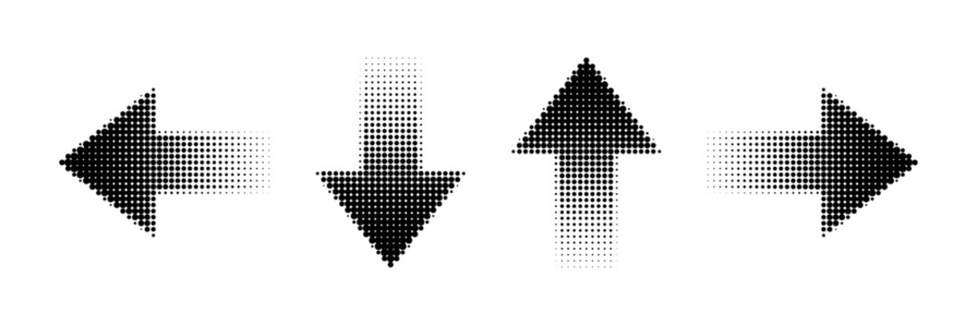 Set of black arrow icons with halftone gradient effect pointing in left, right, up, and down directions. Retro collage elements, pop art navigation symbol. Vector illustration