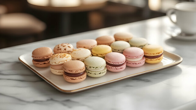 A tray of colorful macarons in pastel shades, arranged neatly in rows. The macarons are various flavors and colors, including pink, beige, and light brown.
