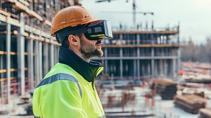 Construction Worker Using VR Headset on Building Site