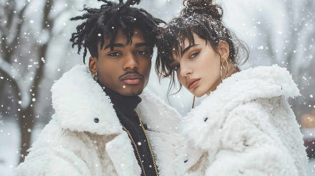 Modne młode małżeństwo z pokolenia Z pozuje w śniegu, nosząc białe futrzane płaszcze w dekonstruowanym stylu.