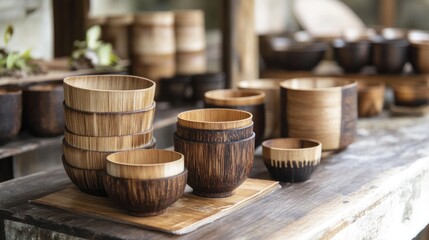 Fototapeta premium Stack of Wooden Bowls on a Rustic Tabletop