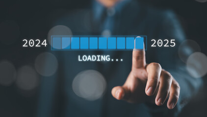 Progress and transition from 2024 to 2025 concept. A person pointing to loading bar transitioning from 2024 to 2025, progress, future planning, and new year goals. annual planning and business growth.