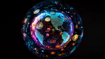 Captivating holographic globe with vibrant cryptocurrency symbols symbolizing digital finance future