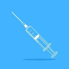 Medical syringe, shot, injection, disposable syringe, medical instrument, isolated, blue background.