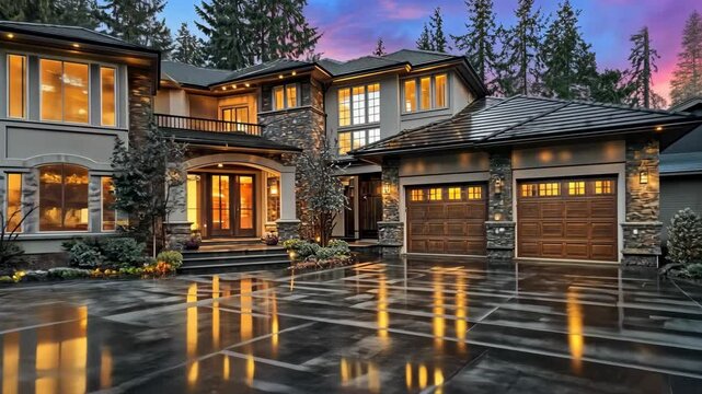 A modern, stone-faced house with a long driveway lit by the setting sun