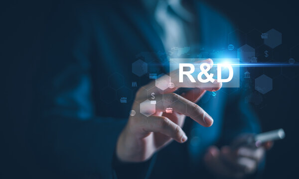 Research and Development, R and D Concept. businessman with R and D,  Research and development or R and D to remine new product development process explains the importance of each step of work
