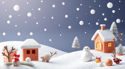 A snowy winter village with a snowman, a reindeer, and a cottage.