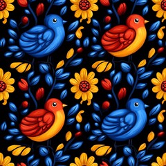 Fototapeta premium Colorful, whimsical pattern with blue and red birds among vibrant flowers.