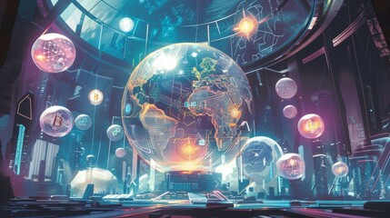 Futuristic holographic globe showcasing cryptocurrency symbols amidst innovative tech landscape