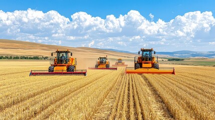 Obraz premium Tractors harvesting wheat in a vast golden field under a clear blue sky.