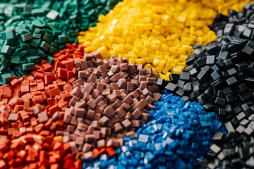 Fototapeta premium Vibrant collection of colorful plastic polymer granules, sorted by color, perfect for manufacturing, recycling, and industrial applications requiring high-quality raw materials