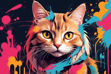 Cat drawn in graffiti style. Colored stylized drawing of a kitten