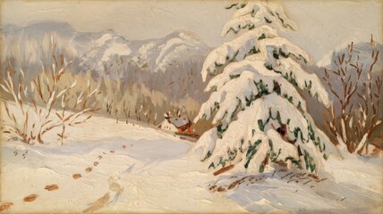 An elegant snow-covered pine tree. The postcard radiates a sense of calm and warmth, perfect to convey the spirit of the festive season. With a place for the text.