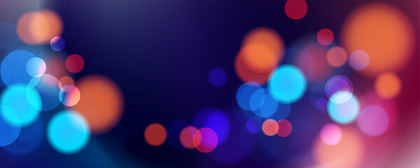 Abstract festive blurred background. Vibrant bokeh lights. Bright defocused glowing lights effect. Graphic template for celebration banners and invitations. Vector illustration.