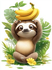Cute sloth smiling with bananas on its head, surrounded by tropical leaves and flowers.