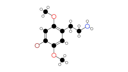 Naklejka premium 2c-b molecule, structural chemical formula, ball-and-stick model, isolated image psychedelic drug