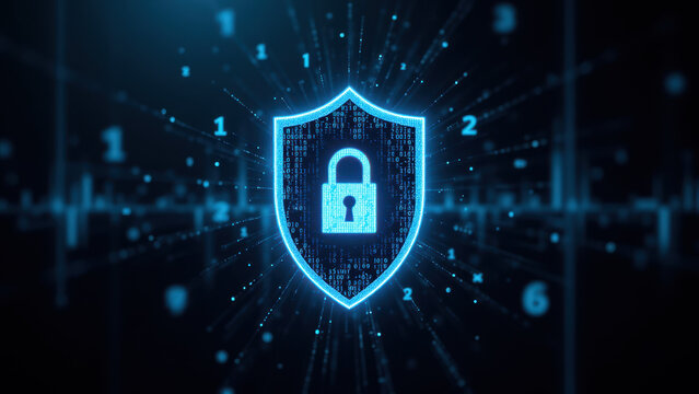 A digital shield emblem with a lock symbol and a background featuring binary code and circuit-like effects to represent cybersecurity.