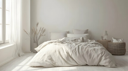 Obraz premium Sophisticated Minimalist Bedroom with Clean White Walls, Soft Bedding, Simple Decor Elements, and a Calm, Inviting Atmosphere