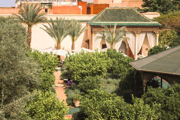 Obraz premium Garden path through a beautiful lush green botanical garden with tropical plants and palm trees, traditional moroccan architecture at famous destination in Marrakech, Le Jardin Secret, Morocco