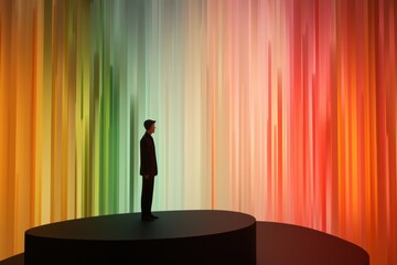 A figure stands on a platform, silhouetted against a vibrant backdrop of colorful vertical lines, evoking a sense of wonder and artistic expression.