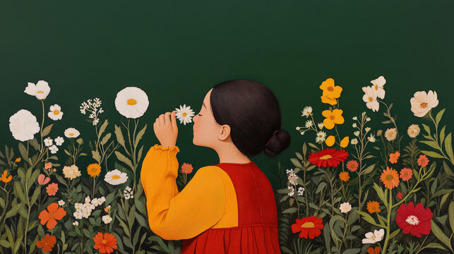 A young firl , lost in thought, holds a single flower in her hand