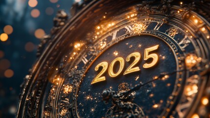 Fototapeta premium The elegant clock showcases the year 2025 with sparkling details and a festive ambiance as midnight approaches