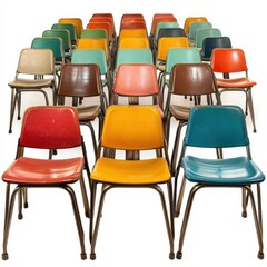Naklejka premium High school exam room with orderly rows of chairs, retro classroom setup, isolated on white background