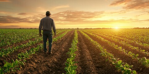 Fototapeta premium Farmer Stands in Lush Green Field at Sunset for Better Harvest