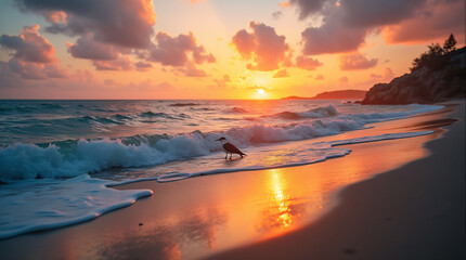 Obraz premium A Peaceful Beach Scene With Gentle Waves, Seagulls, and a Colorful Sunset Captured With a Wide-Angle Lens, Using Warm and Vibrant Film to Create a Serene and Inviting Atmosphere