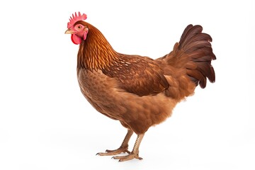 Fototapeta premium Brown chicken standing alone on white background for farm animal theme