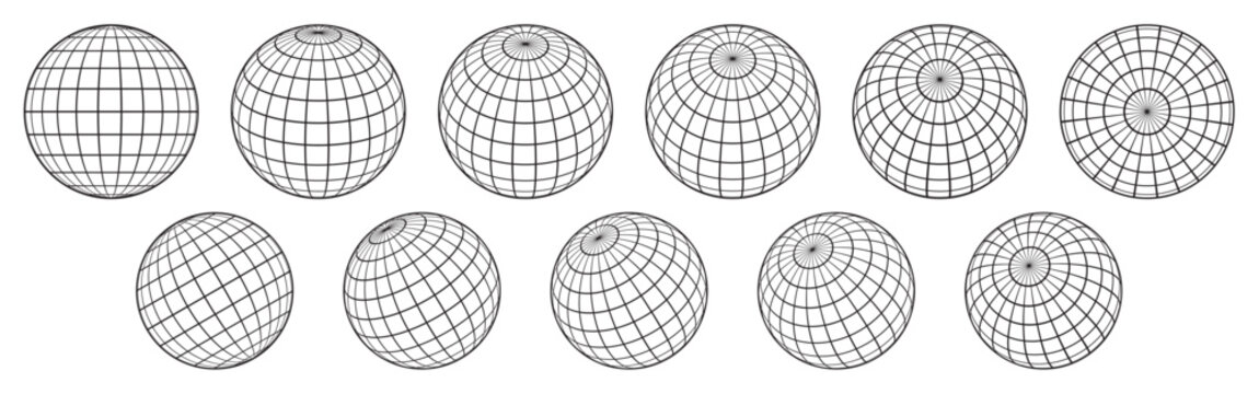 Globe grid spheres. Striped 3D wireframe spheres, geometry globe grid, earth latitude and longitude line grid vector symbols set