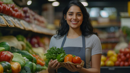 Beautiful Indian girl And Handsome Indian man, supermarket employee in the vegetable and fruit section, beautiful smile, bright, vegan, vegetarian 