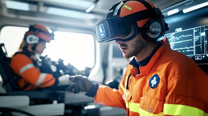 Paramedic Wearing VR Headset During Training in Ambulance