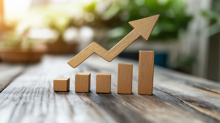 Exceeding Business Goals. A wooden arrow pointing upward, above a bar graph made of wooden blocks, symbolizes exceeding business targets and achieving success.