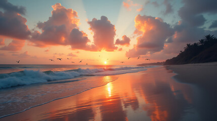 A Peaceful Beach Scene With Gentle Waves, Seagulls, and a Colorful Sunset Captured With a Wide-Angle Lens, Using Warm and Vibrant Film to Create a Serene and Inviting Atmosphere