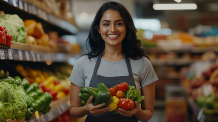 Beautiful Indian girl And Handsome Indian man, supermarket employee in the vegetable and fruit section, beautiful smile, bright, vegan, vegetarian 