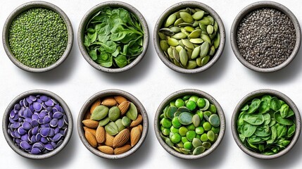 Variety of seeds and greens in bowls, white isolate background.