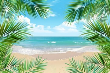 Fototapeta premium Serene beach with clear ocean waves and palm leaves, space for marketing text