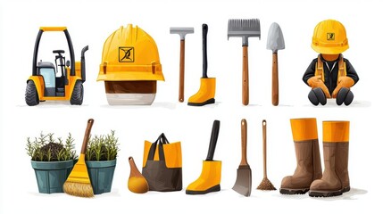 Construction tools and equipment on white isolated background.