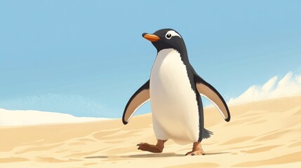 Naklejka premium Walking penguin waddling along a sandy beach capturing the essence of coastal wildlife
