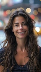 Realistic portrait of a 30 year old american woman in casual style against a vibrant city background