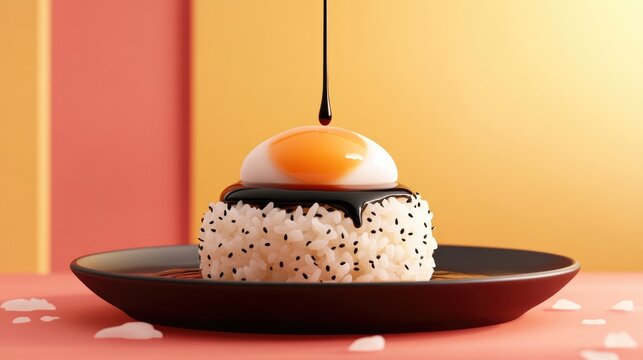 Delicious tamago kake gohan with perfectly mixed raw egg and soy sauce poured over fluffy rice ideal for a traditional Japanese breakfast