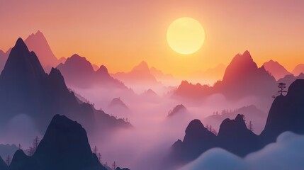 Fototapeta premium Sunset illuminating mountain silhouettes shrouded in fog perfect for tranquil landscape visuals