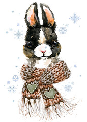 Rabbit with scarf illustration. Hare portrait watercolor drawing on transparent background winter Christmas nursery