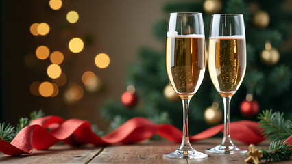 Two champagne flutes filled with sparkling champagne sit on a wooden table surrounded by festive Christmas ornaments and a ribbon. Left copy space perfect for holiday greetings or New Year's messages.