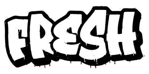 Word ‘Fresh’ written in retro three-dimensional graffiti style with dripping paint effect