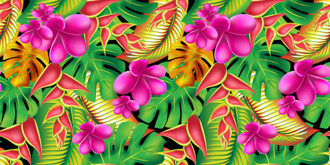 Palm monstera leaves with hibiscus and pink plumeria flowers abstract background. Trendy summer exotic flower print. © Feoktistova