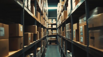 Fototapeta premium Organized Warehouse Shelves with Stacked Parcels Efficient Inventory Management and Logistical