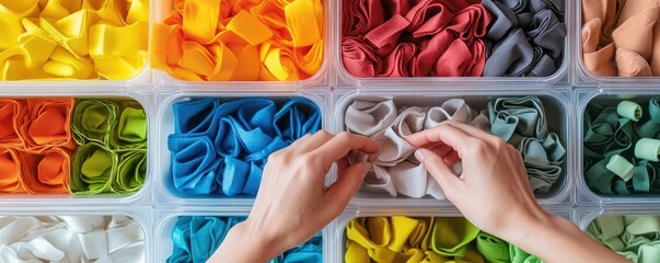 Hands Carefully Organizing and Categorizing Colorful Items in Labeled Containers